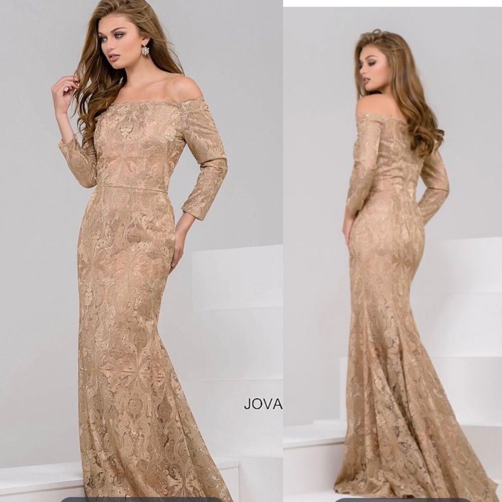 NEW JOVANI 40845B gold off shoulder brocade maxi gown evening dress 16